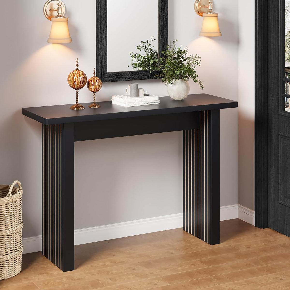 AVZEAR Mid Century Narrow Entryway Console Table, 43.3" Fluted Wood Couch Table Behind Sofa Long and Skinny for Living Room Hallway Entrance Foyer, Black