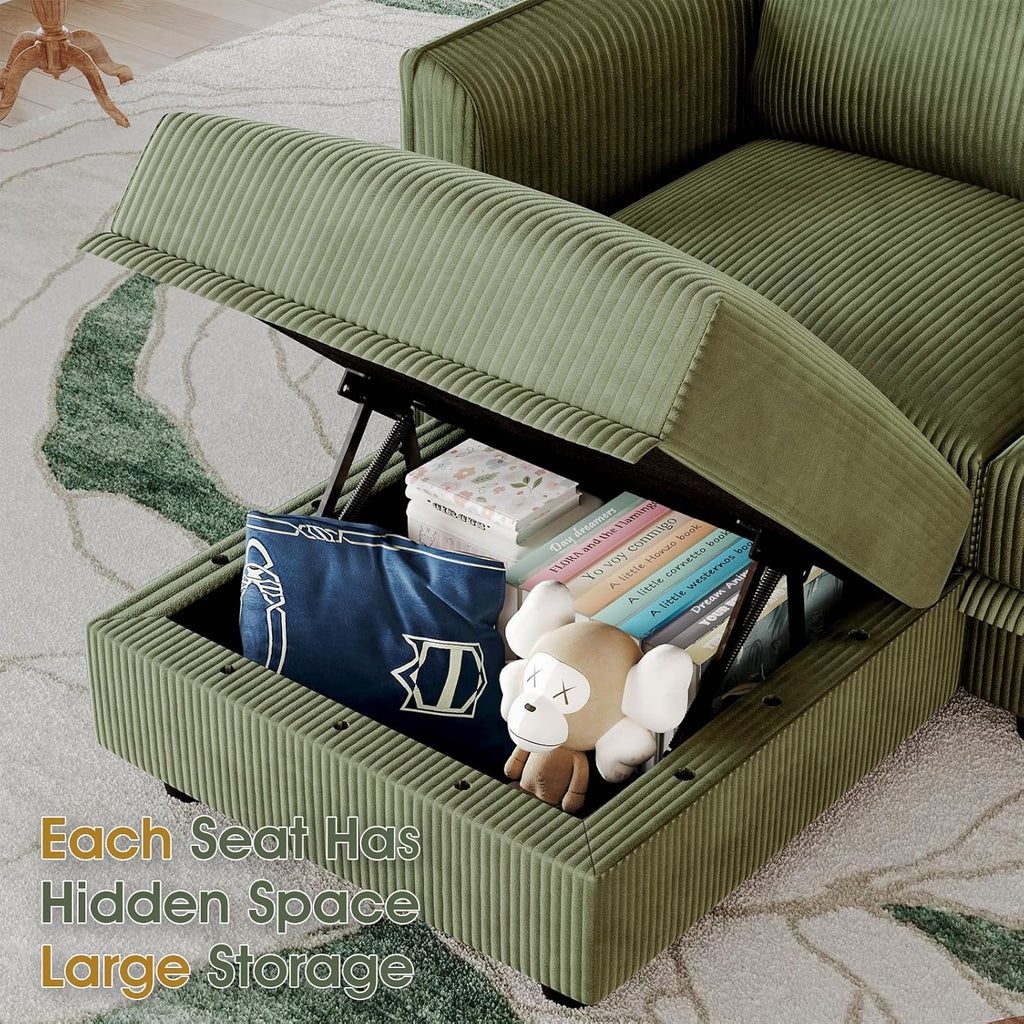 LLappuil Modular U-Shaped Sectional Sofa with Storage, 6-Seat Convertible Corduroy Couch with 6 Back Cushions & 6 Throw Pillows, Large L-Shaped Sofa for Living Room, Green