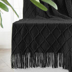 inhand Knitted Throw Blankets for Couch and Bed, Soft Cozy Knit Blanket with Tassel, Black Lightweight Decorative Blankets and Throws, Farmhouse Warm Woven Blanket for Men and Women, 50"x60"
