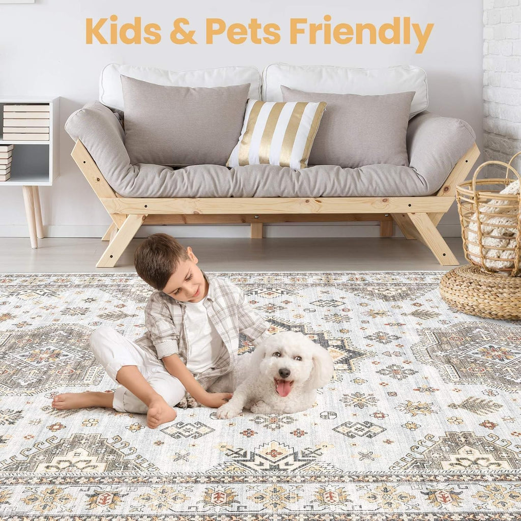 Washable Area Rugs for Living Room -10x12 Neutral Vintage Distressed Floral Farmhouse Boho Large Soft Floor Rug Indoor Non Slip Carpet for Living Room Bedroom Dining Room Office-Blue Brown