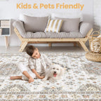 Washable Area Rugs for Living Room -10x12 Neutral Vintage Distressed Floral Farmhouse Boho Large Soft Floor Rug Indoor Non Slip Carpet for Living Room Bedroom Dining Room Office-Blue Brown