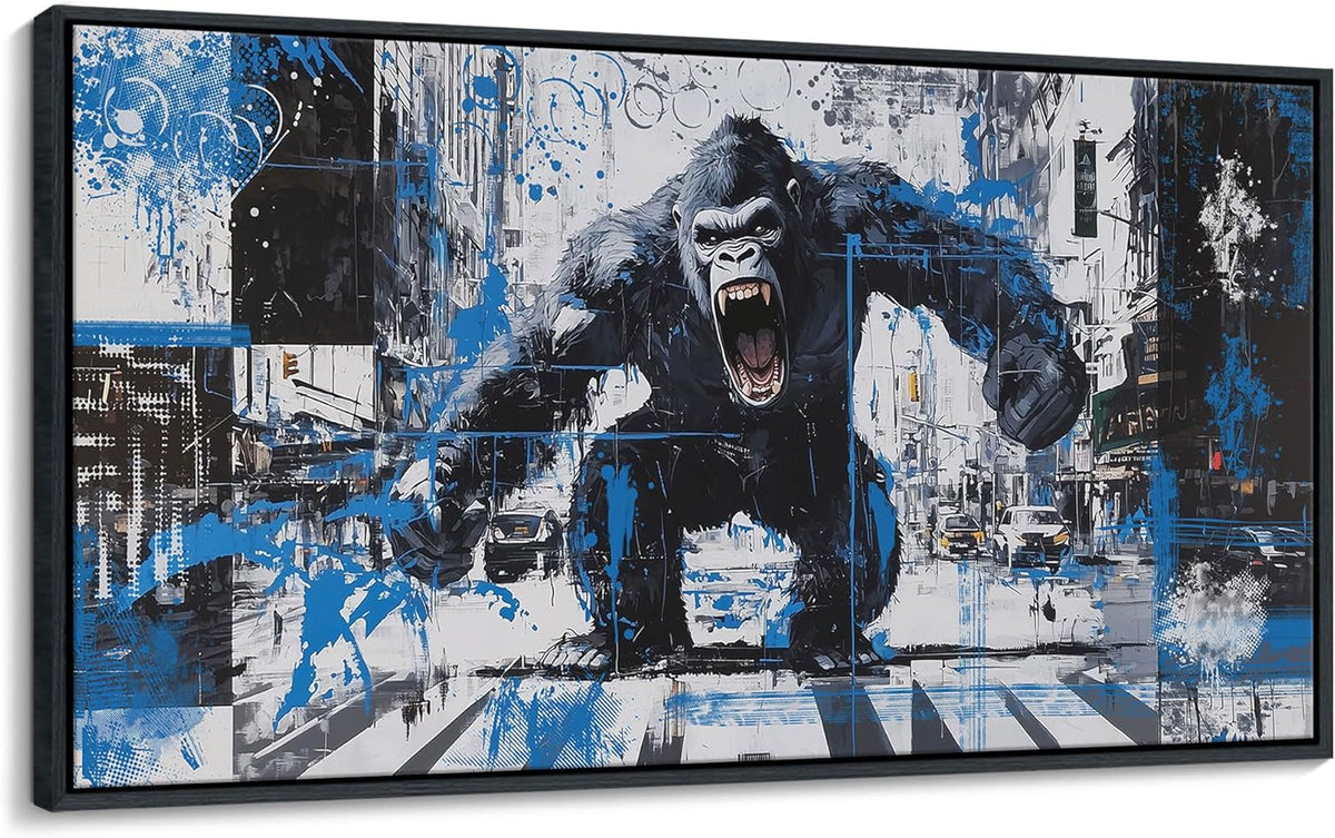 JEAWA Canvas Framed Wall Art, Large 24x48 IN Angry Gorilla Abstract City Street Graffiti Pop Paintings Black and White Modern Picture for Living Room Bedroom Men Teenage Study Home Office Decor