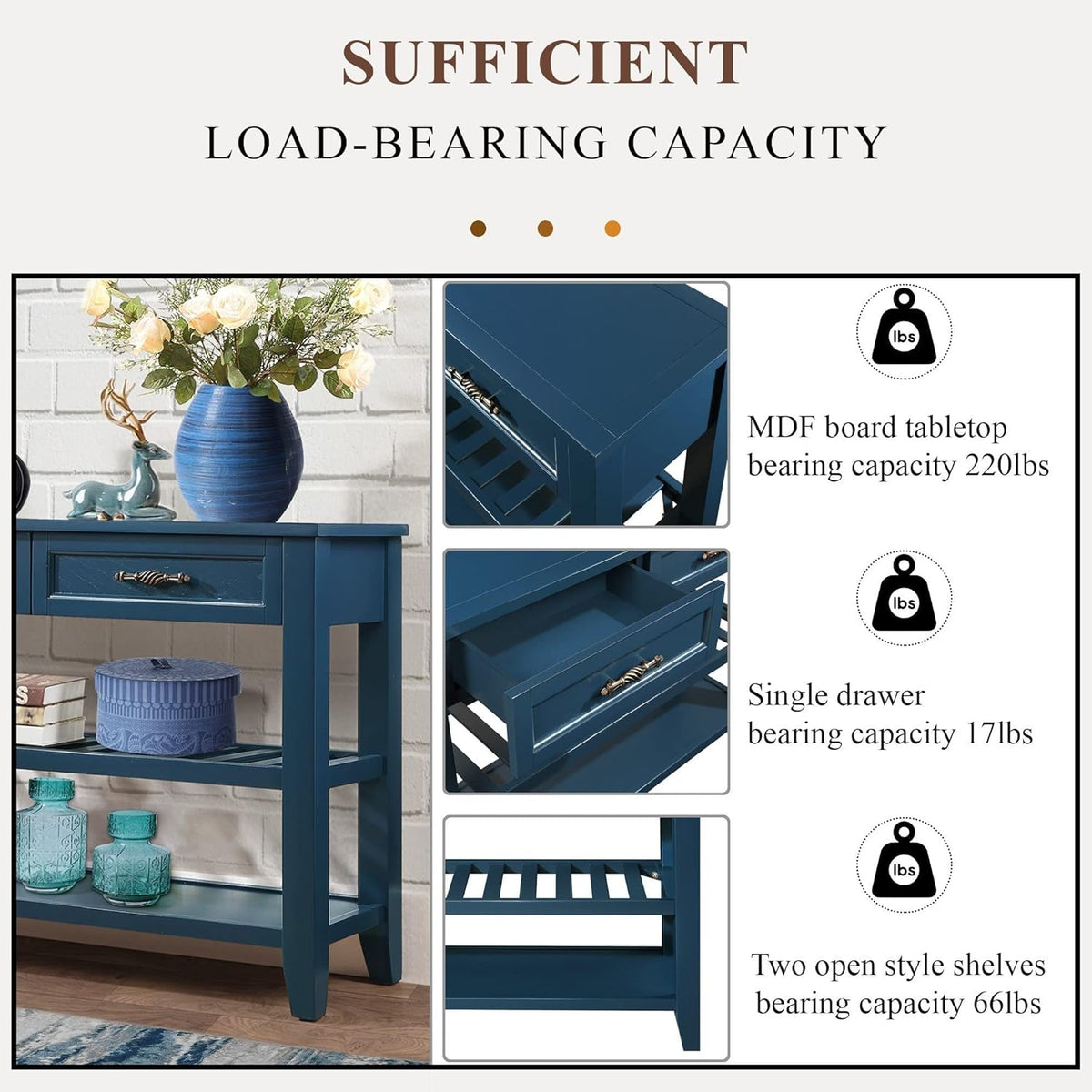 Solid Wood Console Table Entryway Table with Storage Drawers and Shelves Sofa Table for Entry Hallway Foyer(42" Navy Blue)