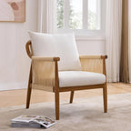 Braid Accent Chair for Living Room Bedroom Reading Room, Rattan Modern Boho Armchair with Solid Wooden Armrest & Frame and Cushions