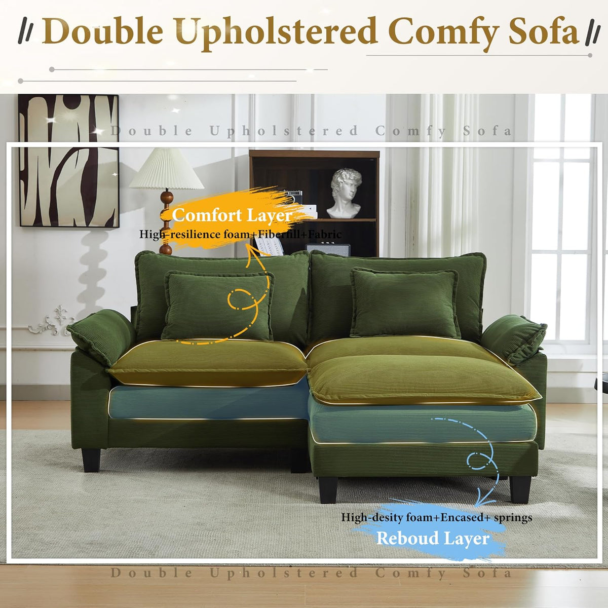 URRED Modular Sectional Sofa Comfy Cloud Couch, Modern Corduroy Sofa Sleeper Deep Seat Couches with Ottoman/Pillows for Living Room (Green, 82.6''- L Shape)