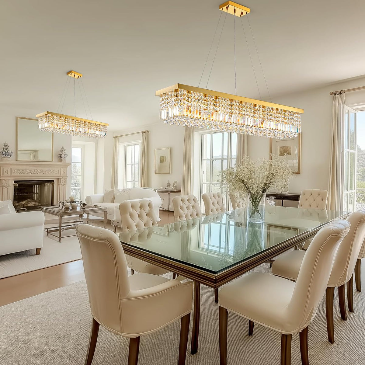 10 Lights Modern Crystal Chandelier, Gold K9 Rectangle Rectangular Chandeliers,Luxury Flush Mount Pendant Ceiling Light for Dining Room Kitchen Island L47''xW10''xH10''