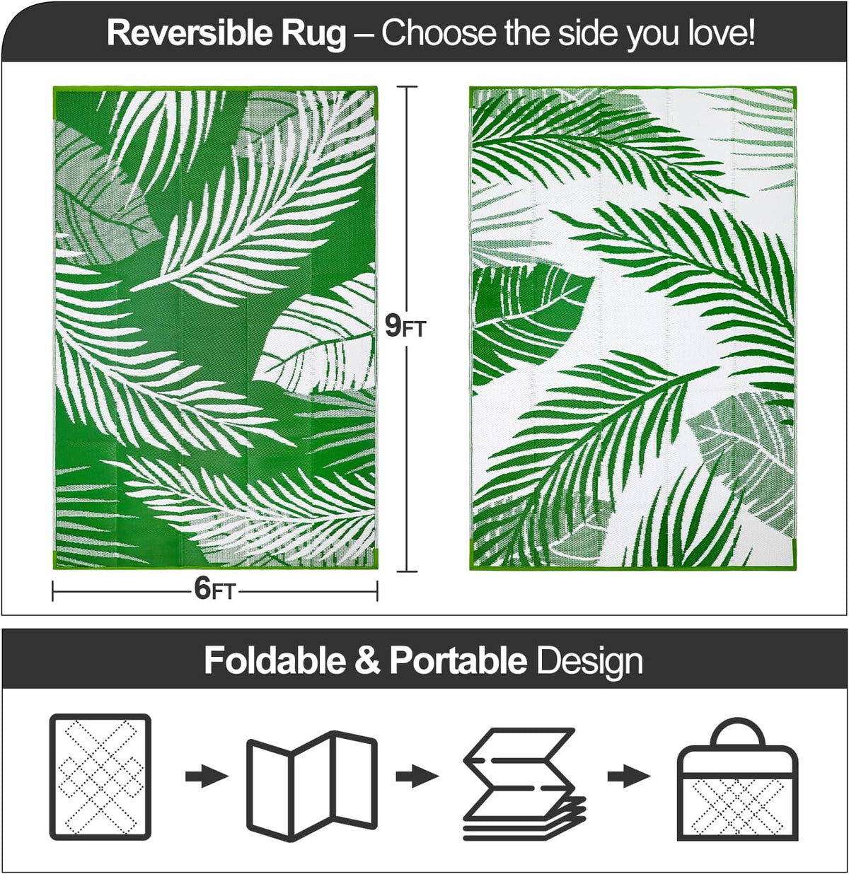 Waterproof Outdoor Rug 6x9ft, Green Leaf Reversible Plastic Straw Mat for Patio RV Deck Porch Backyard Balcony Camping Picnic Beach Indoor Outdoor Carpet, Green&White