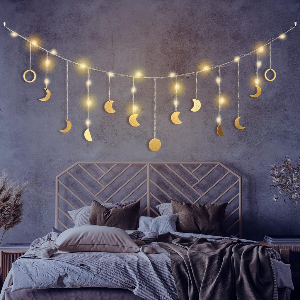 Moon Phase Wall Decor with LED String Light, 13 Gold Wood Boho Wall Hanging Decor Mood Garland 56'' - Celestial Phases Moon Decor in Bohemian Style for Bedroom Home Living Room