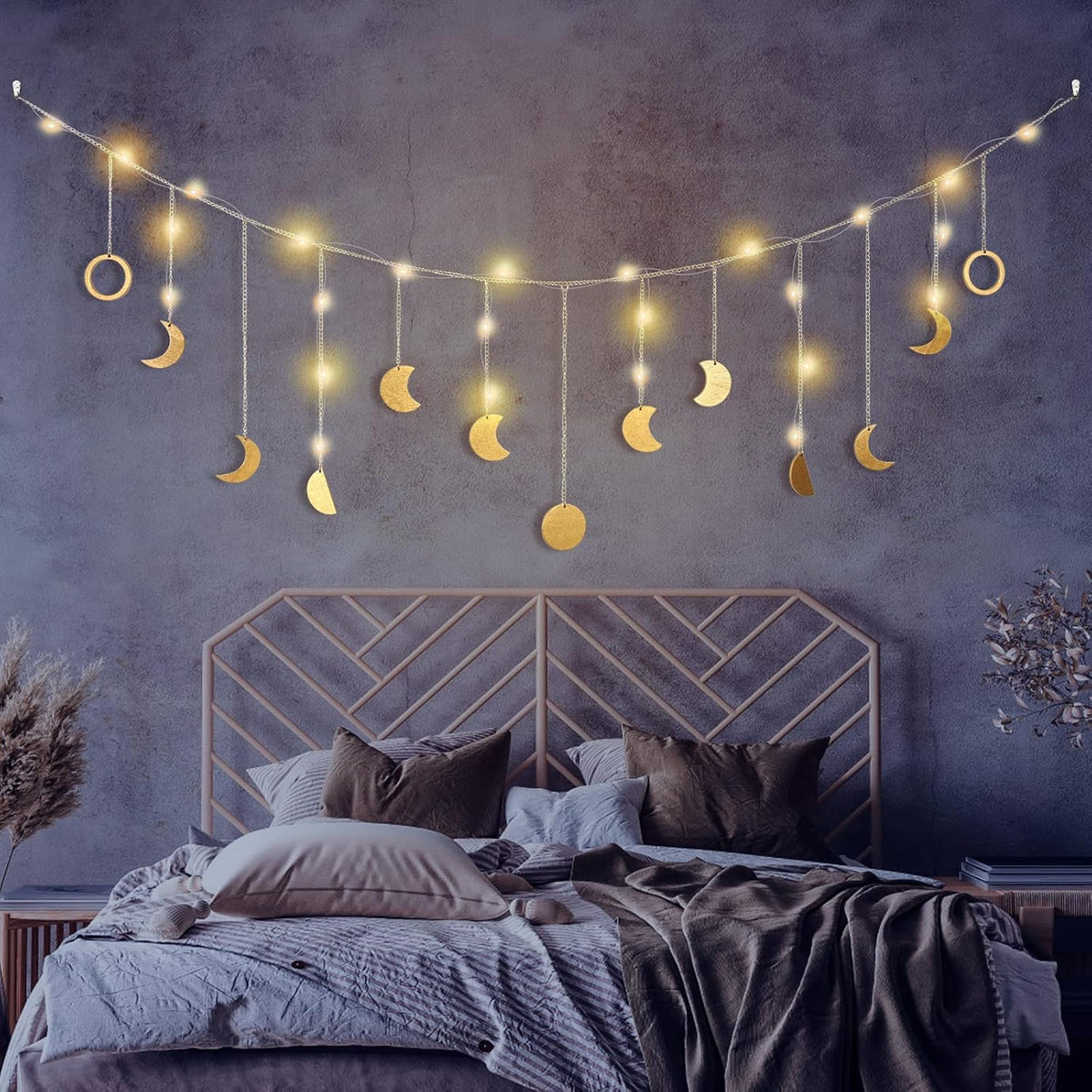 Moon Phase Wall Decor with LED String Light, 13 Gold Wood Boho Wall Hanging Decor Mood Garland 56'' - Celestial Phases Moon Decor in Bohemian Style for Bedroom Home Living Room