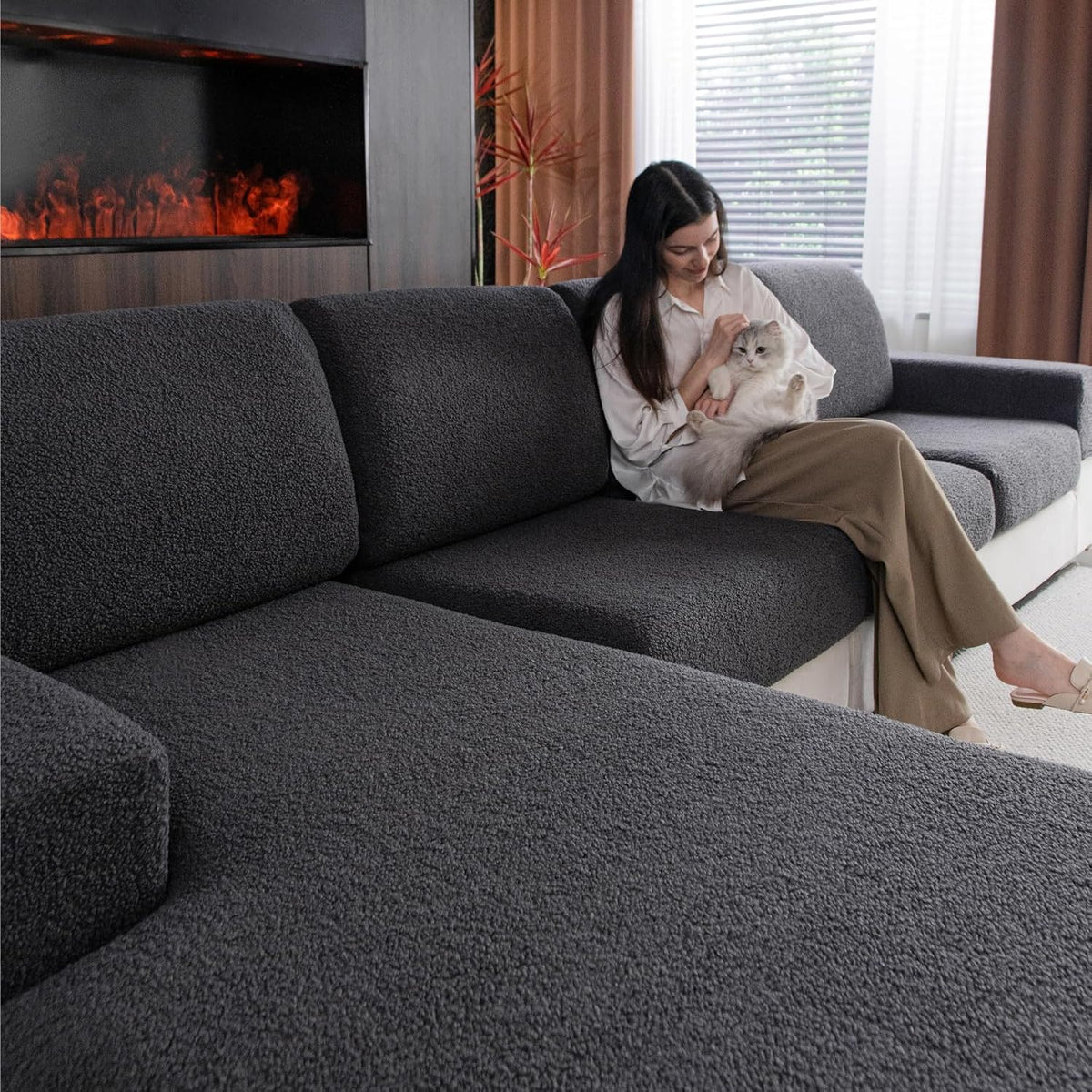 Couch Cushion Covers for Sectional Sofa, Stretch Soft Sofa Slipcovers Washable Wear-Resistant Universal Furniture Protector for Living Room(2 Seaters Covers, Dark Gray)