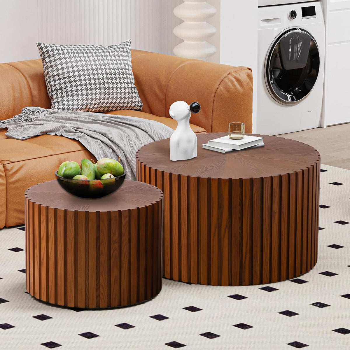 WXFKLDJ Round Nesting Coffee Table Set Cylindrical Wooden Coffee Table Sofa Center Table Circle Embossed Design Side Table for Living Room Apartment No Assembly (Striped Brown Large)