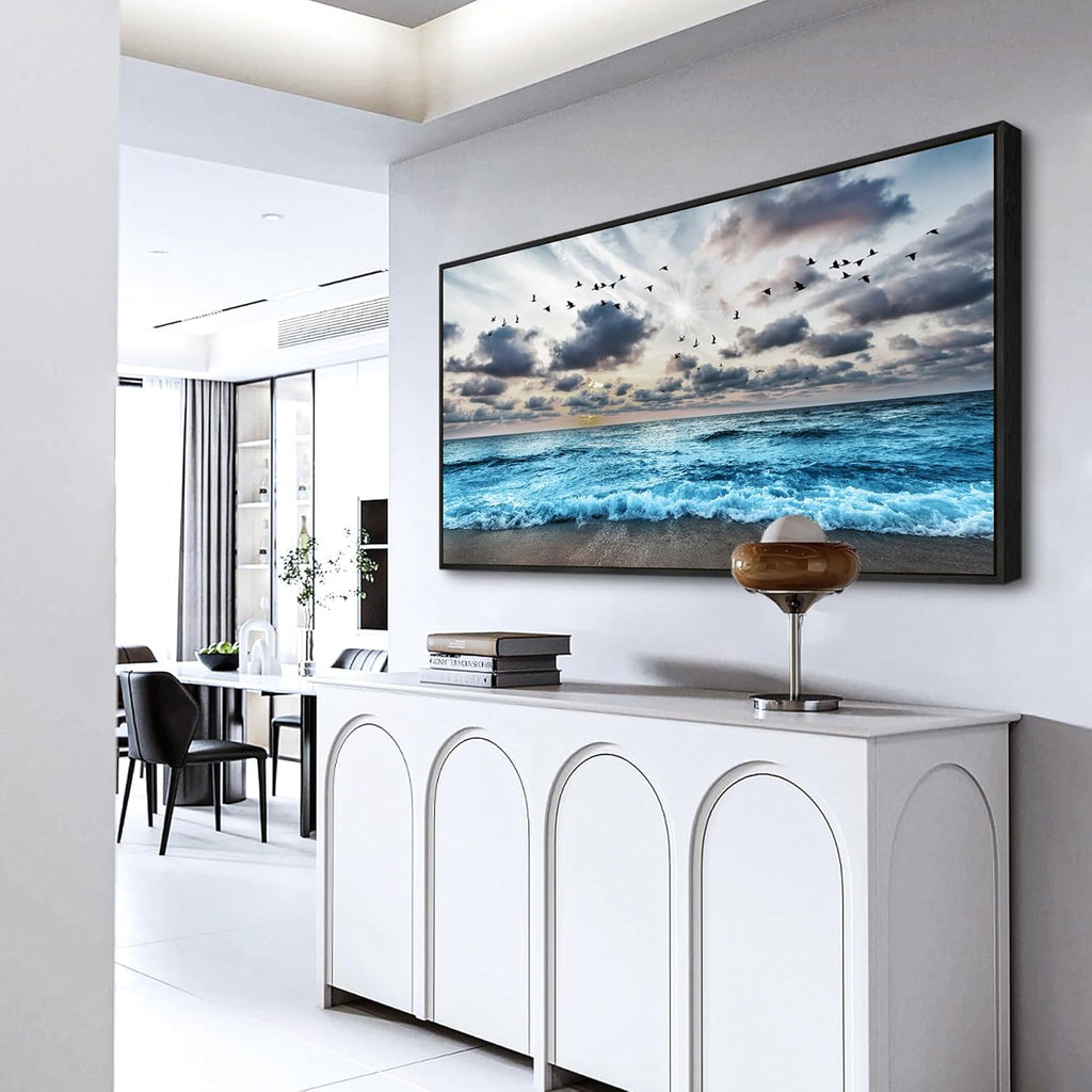 Wapluam Black And White Beach Wall Painting Black Framed Canvas Wall Art For Living Room Wall Decoration For Bedroom Office Wall Decor Blue Sea Wave Pictures Artwork Modern Hotel Room Home Wall Art