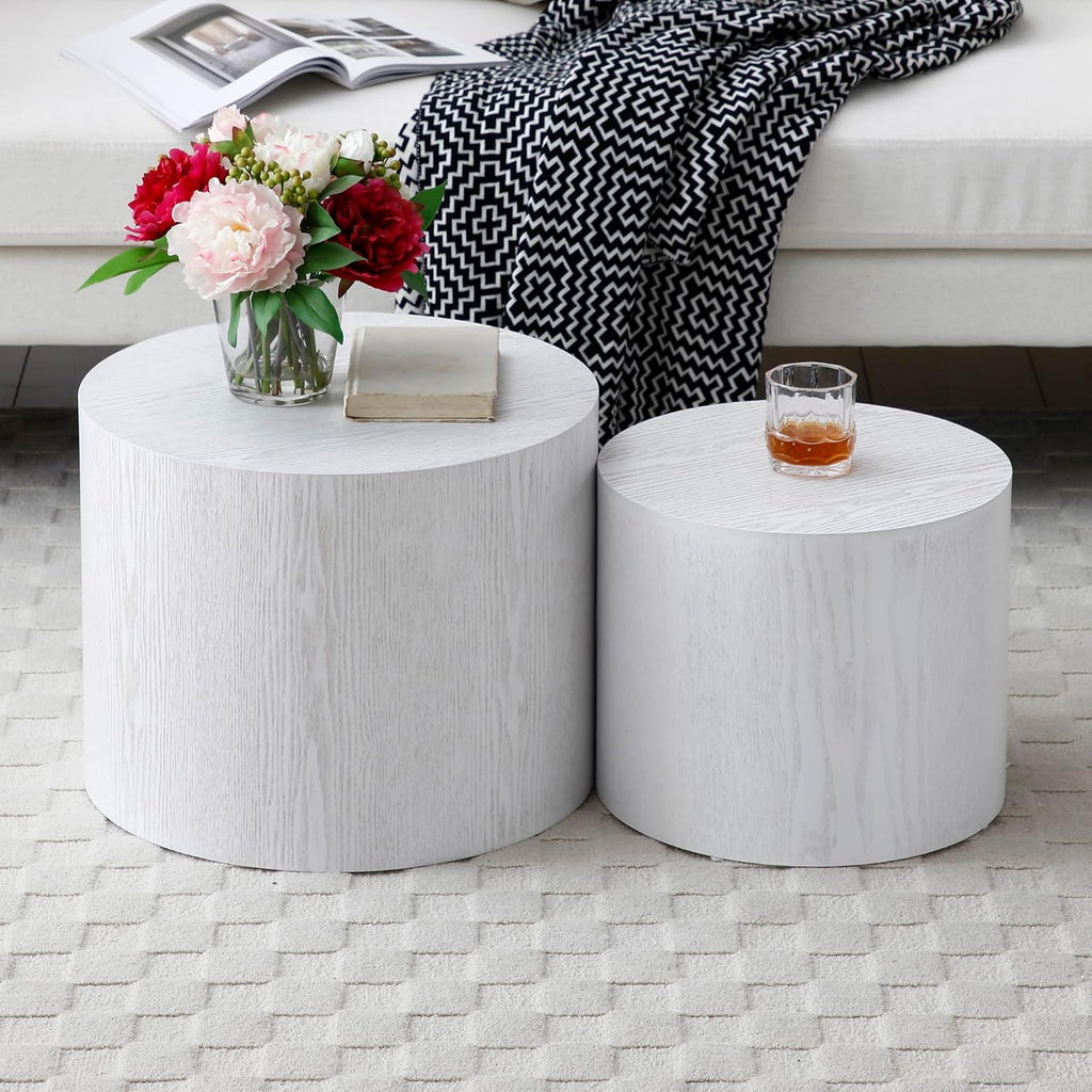 Nesting Coffee Table Set of 2, Modern Round Coffee Table with Non-Slip Feet, Wooden Circle Accent Tables for Small Spaces Living Room Bedroom Balcony Office Drum Side Table (White)