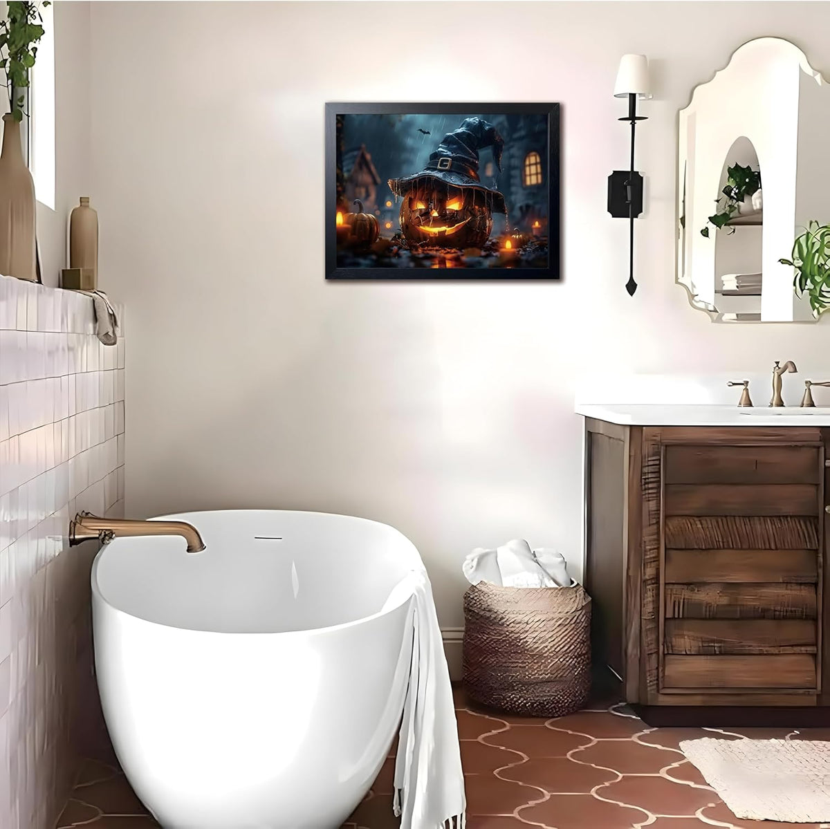 Wood Framed Dark Halloween Pumpkin Wall Art, Gothic Witch Hat Jack-o'-Lantern Canvas Print, Dark Academia Spooky Haunted House Poster Wall Art for Living Room Bedroom Room Aesthetics 12x16 inch