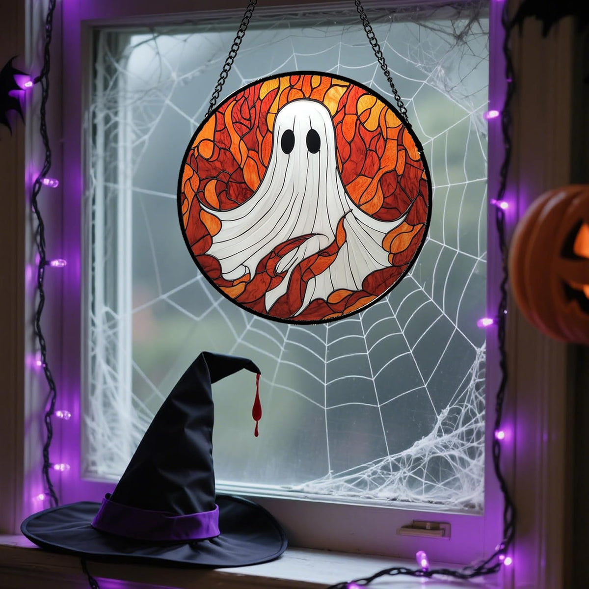 Stained Glass Window Hanging - Halloween Decorations White Ghost Orange Sky Suncatcher for Doors Garden Funny Spooky Sun Catchers Gothic Decor Horror Gifts for Women Men Friend Boy 7.8 in