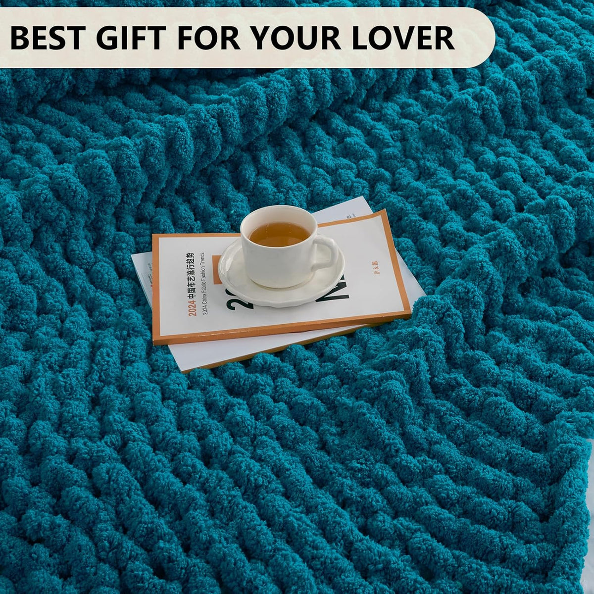 L'AGRATY Chunky Knit Blanket Throw: 60''x80'' Chenille Chunky Knitted Throw Blanket for Bed Couch - Handmade Thick Big Cable Knit Blanket - Large Crochet Rope Blanket for Home Decor(Teal)