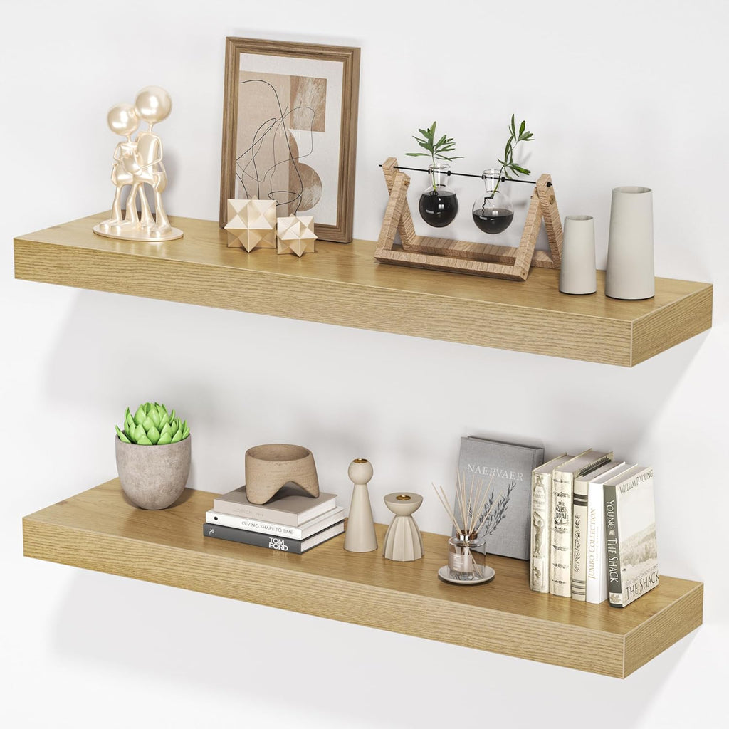 Floating Shelves for Wall, 31.5" W x 6.7" D x 1.5" H, Wooden Wall Mounted Display Shelves with Invisible Brackets for Living Room, Bedroom, Bathroom, Kitchen Decor and Storage, Set of 2, Oak