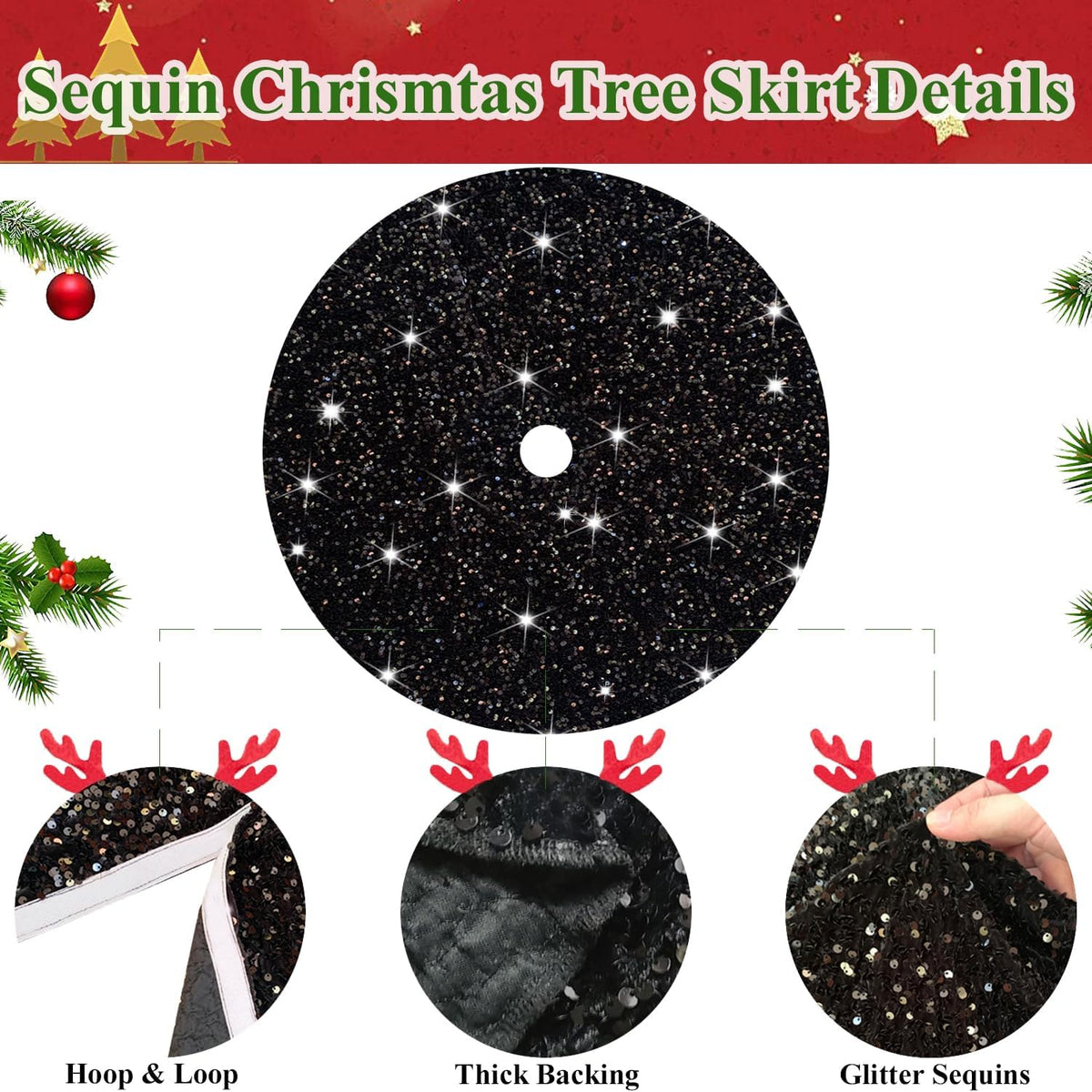Christmas Tree Skirt 46 Inch Black Xmas Tree Skirt Soft Fabric Tree Skirts Christmas Decorations for Halloween New Year Round Velvet Tree Cover Skirt Sequin Metallic Tree Floor Base Luxury Tree Mat