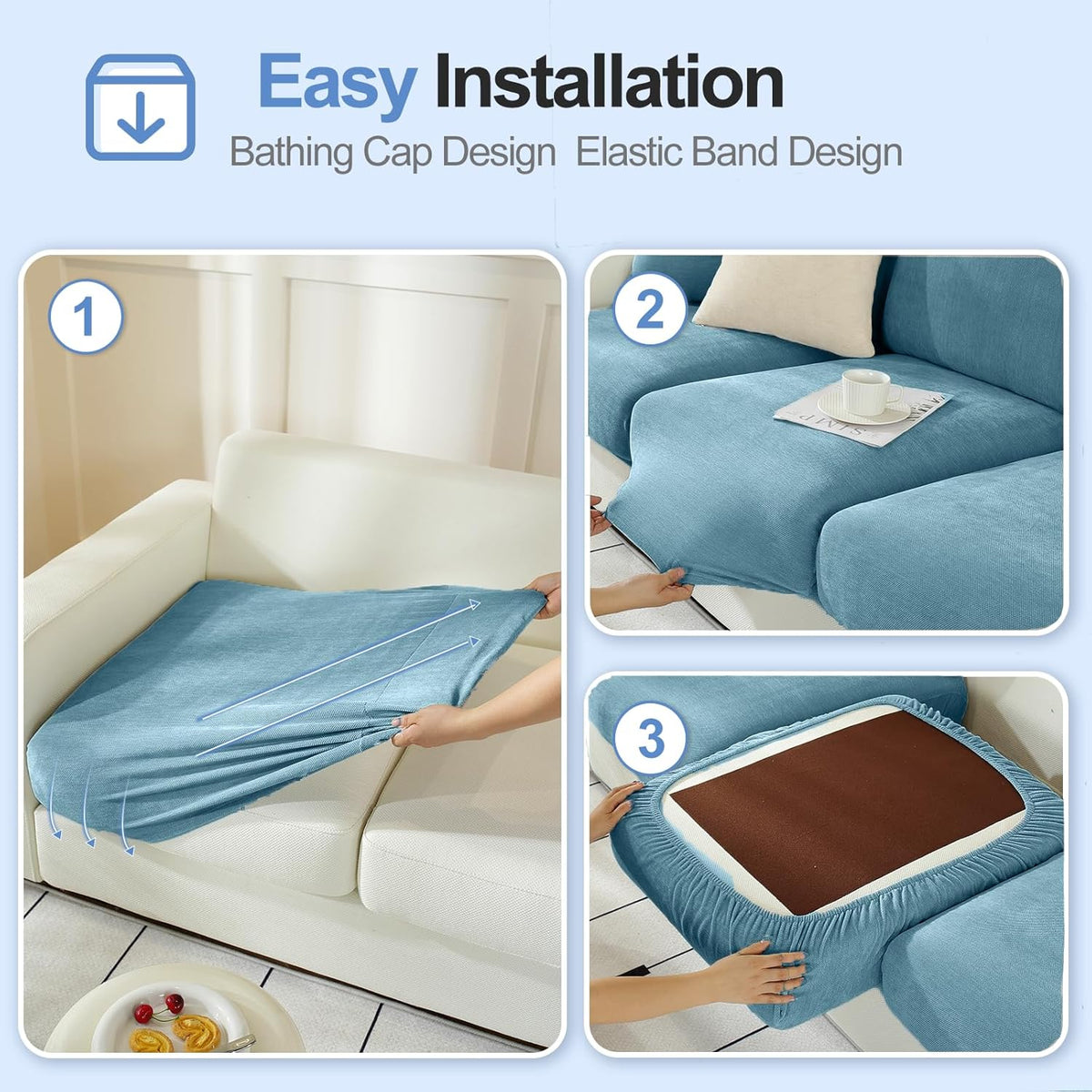 Large Backrest Cushion Covers Super Stretch Backrest Covers for 3 Cushion Couch Sofa, Couch Back Cushion Covers Featuring with Chenille Yarn (Softer Version, 3PC, Blue)