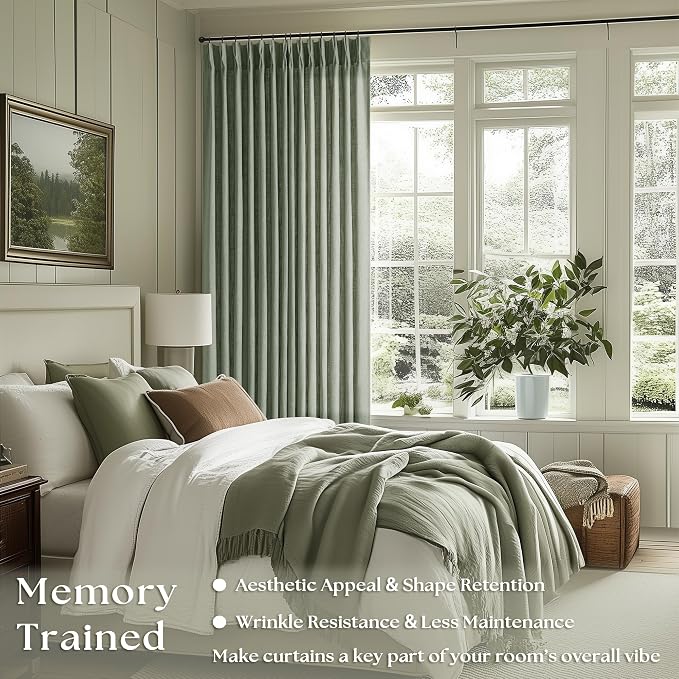 Sage Green Pinch Pleated Linen Semi Sheer Curtains 45 Inch Length 2 Panels | - Image 2