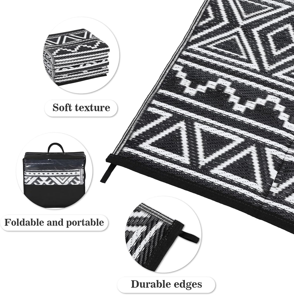 GAOMON Outdoor Rug for Patio 5'x8' Reversible Plastic Rugs Camping Mat for Outdoor, RV, Backyard, Deck, Balcony, Picnic, Beach, Black/White(Bohemia)