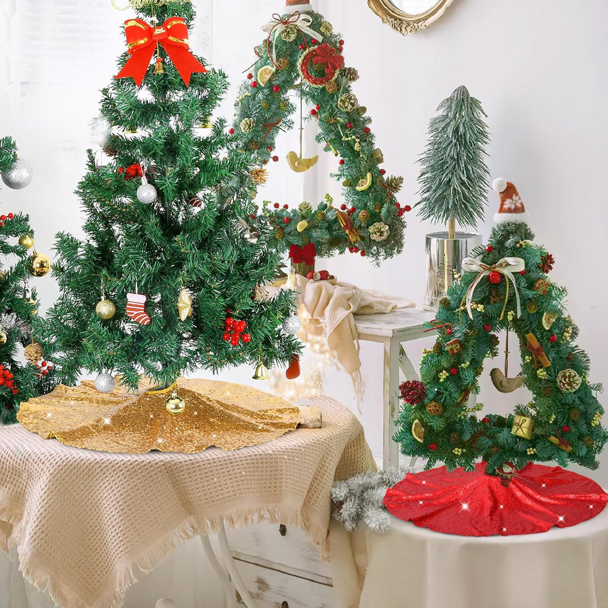 Red Tree Skirt 24 inches Small Christmas Tree Skirt Glitter Sequin Tree Skirt for Christmas Decorations