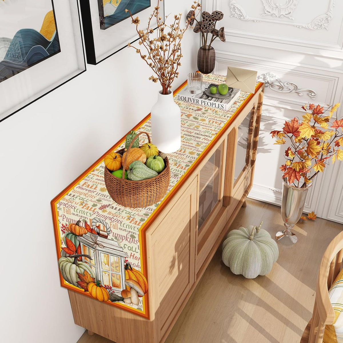 Linen Fall Table Runner - 90 Inch Farmhouse Fall Leaves Pumpkin Decor for Autumn Thanksgiving Home Kitchen Dining Room