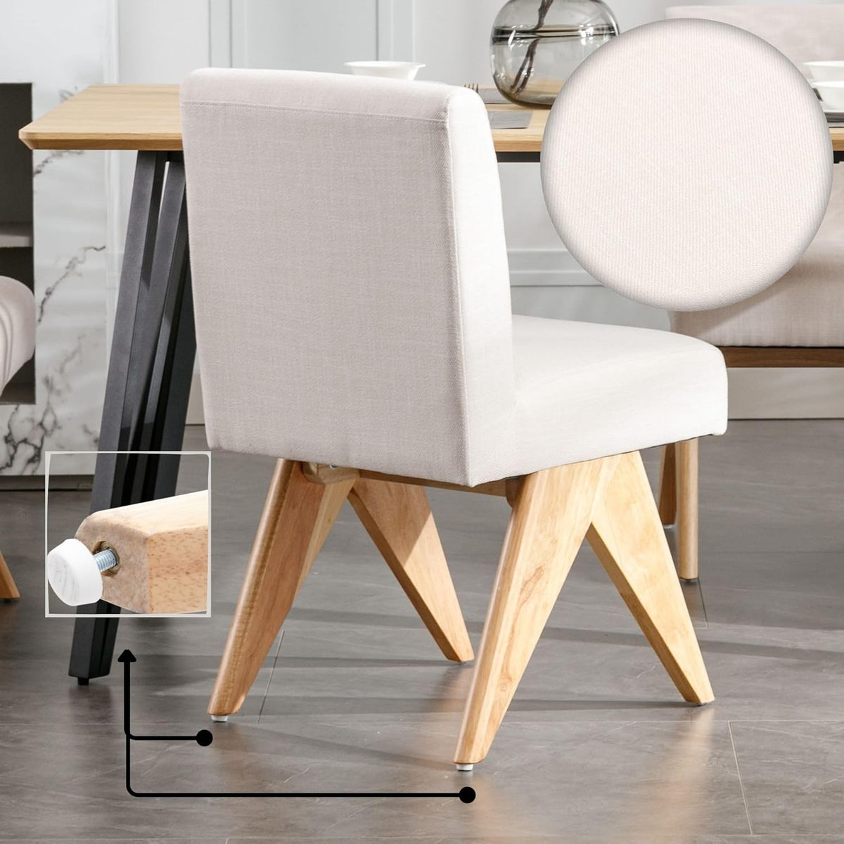 Mid Century Modern Farmhouse Dining Chairs Set of 2, Upholstered Armless Kitchen Chairs with Back and Wooden Legs, Linen Beige