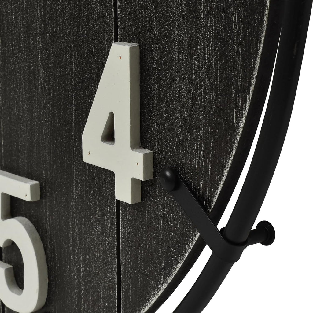 Large Old Town Farmhouse Wall Clock – 24 Inches Rustic Antique Wood with Metal Circle and Large Numerals, Silent Battery Operated Clock for Office, Kitchen, Bedroom, Living Room (Black)