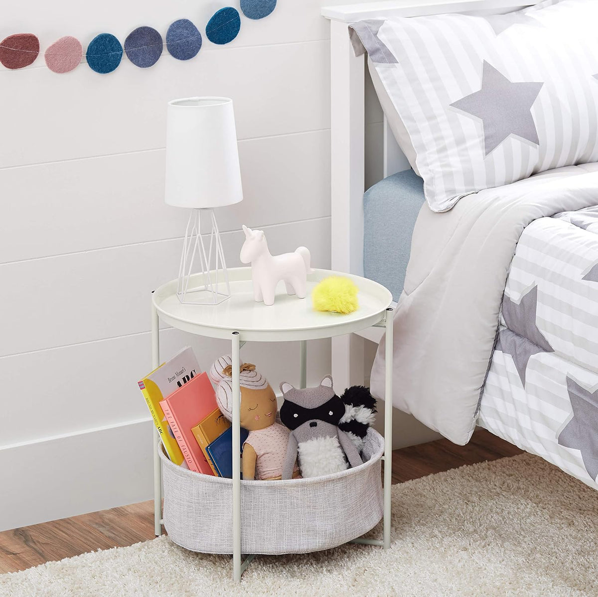 Amazon Basics Round Storage End Table, Side Table with Cloth Basket, White/Heather Gray, 17.7"L x 17.7"W x 18.9"H