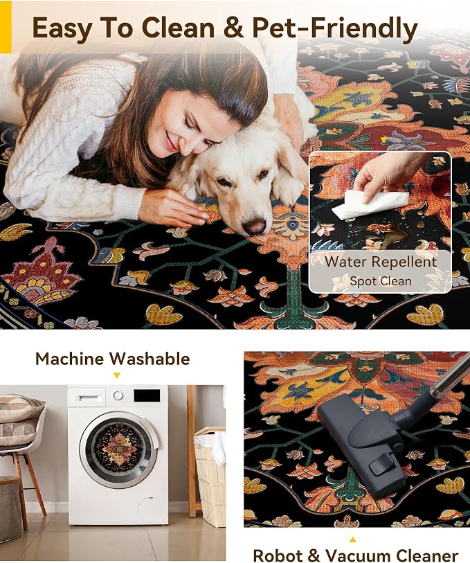 RELEANY Washable Area Rug, Round 4ft, Water Repellent, Pet Friendly, Vintage - Image 4