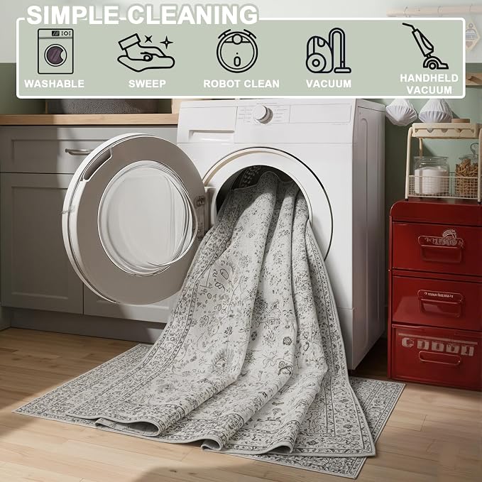 Grey Floral Hallway Runner Rug for Kitchen Bathroom 2'6''x14' | Ultra-Thin; Non - Image 4