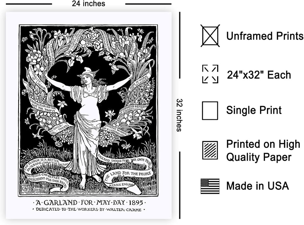 Poster Master Vintage Walter Crane Poster - Retro A Garland for May Day Print - Socialist Art - Gift for Him, Her, Men, Women - Wall Decor for Home, Office, Living Room, 24x32 Unframed Wall Art