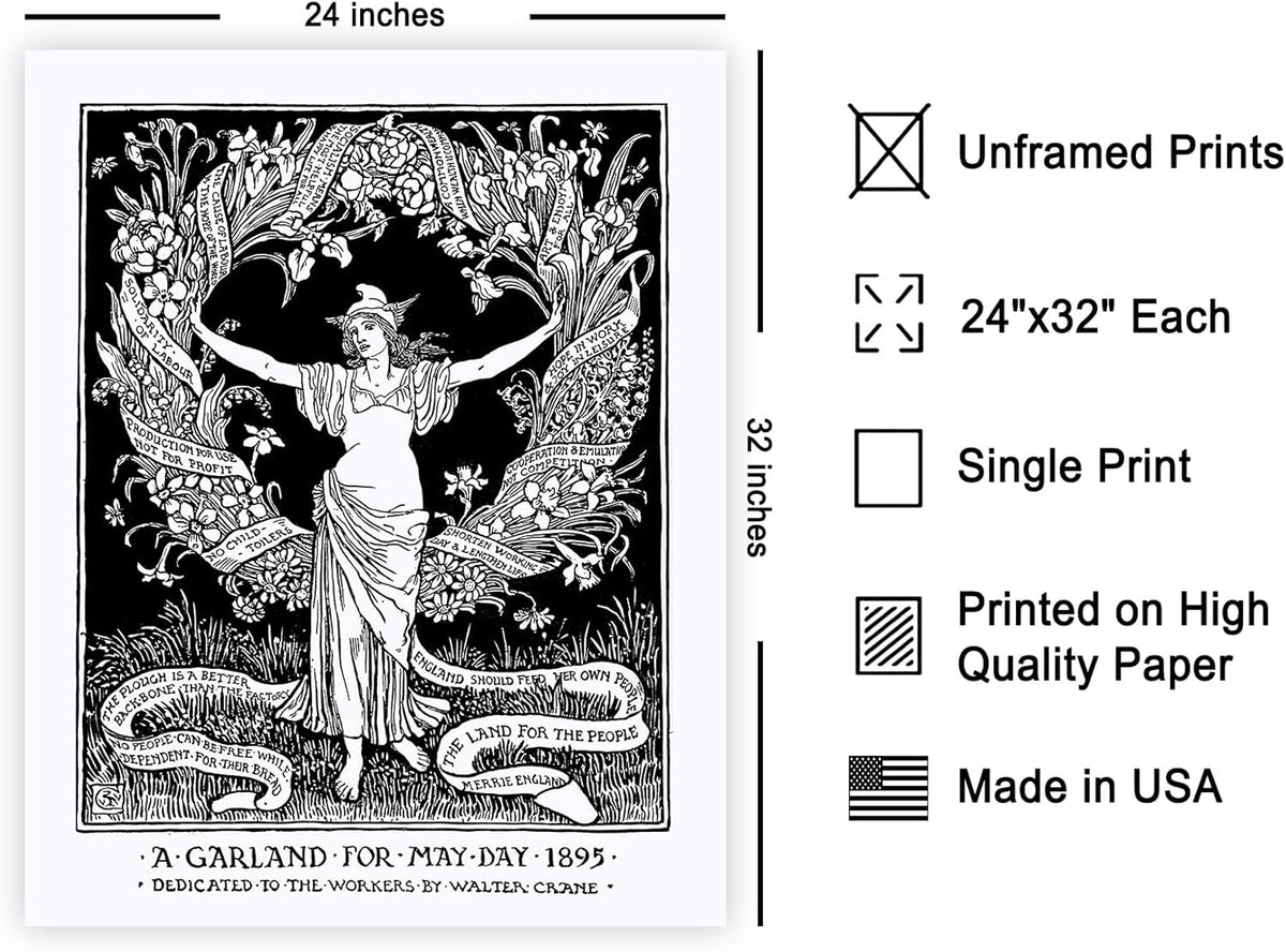 Poster Master Vintage Walter Crane Poster - Retro A Garland for May Day Print - Socialist Art - Gift for Him, Her, Men, Women - Wall Decor for Home, Office, Living Room, 24x32 Unframed Wall Art