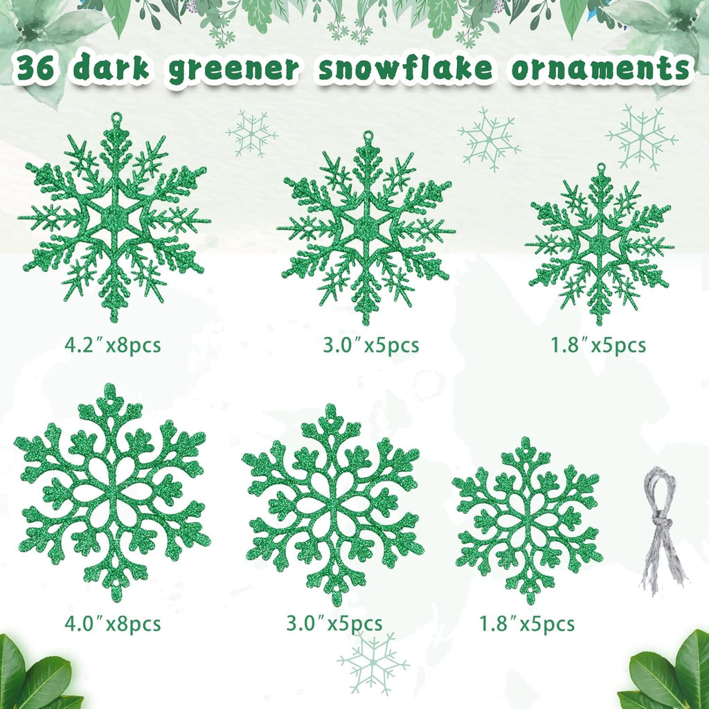 Dark Green Christmas Snowflake Ornaments- 36Pcs Plastic Glitter Hanging Snow Flakes for Christmas Tree Decorations Winter Wonderland Frozen Birthday Party Holiday Home Decor Craft Snowflakes