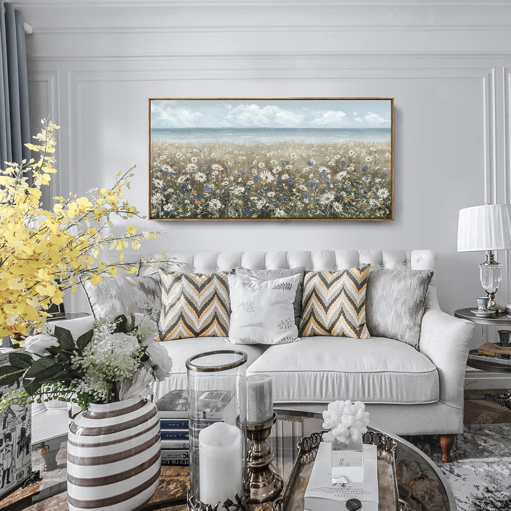 amatop Large Wall Art for Living Room Framed Boho Beach Coastal Floral Ocean Wall Picture Farmhouse Daisy Flower Sea Canvas Print Nautical Neutral Vintage Warm Artwork Home Bedroom Office Decor 48x24
