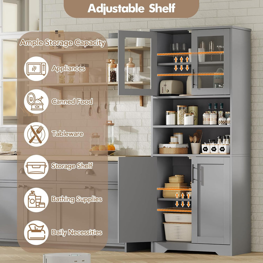 GarveeHome 67" Tall Storage Cabinet, Tall Bathroom Cabinet with Glass Doors and Adjustable Shelves, Freestanding Kitchen Pantry Cabinets, Cupboard for Living Room, Dining Room, Gray