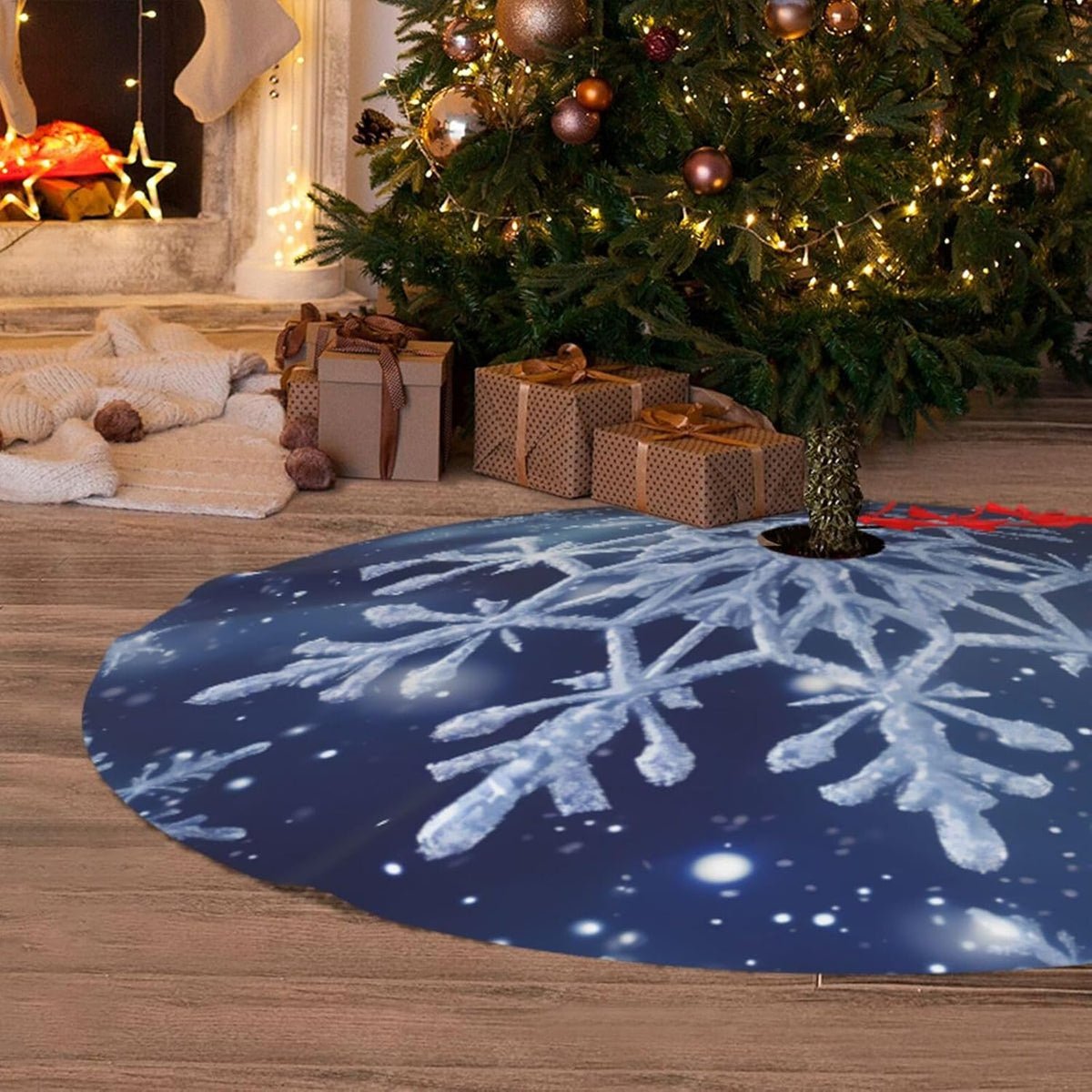 48" Blue Snowflakes Christmas Tree Skirt Large Tree Mat Base Cover for Xmas Festive Holiday Party Decoration Ornaments