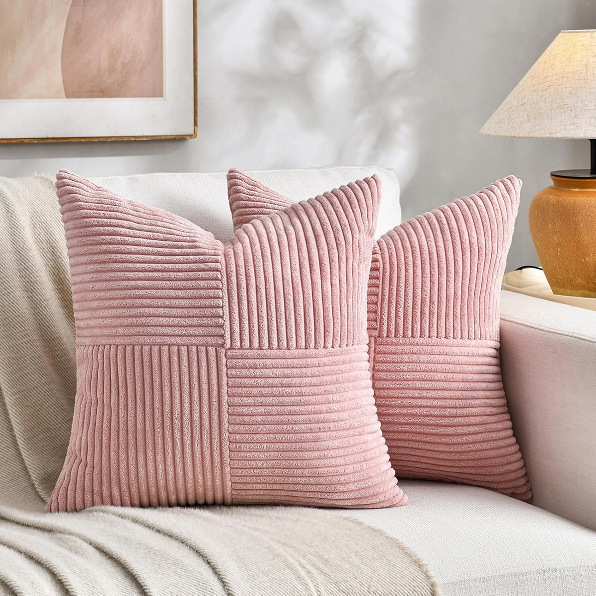 Fancy Homi 2 Packs Blush Pink Euro Decorative Throw Pillow Covers 28x28 Inch for Couch Bed Sofa, Farmhouse Boho Home Decor, Soft Corss Corduroy Patchwork Textured Square Cushion Case 71x71 cm