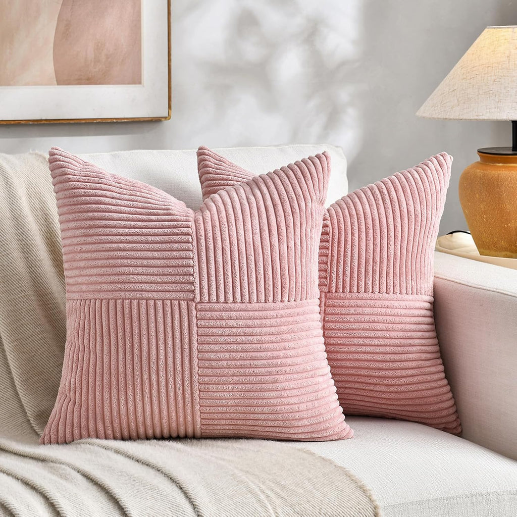 Fancy Homi 2 Packs Blush Pink Samll Decorative Throw Pillow Covers 12x12 Inch with for Couch Bed Sofa, Rustic Farmhouse Boho Home Decor, Soft Corss Patchwork Corduroy Square Cushion Case 30x30 cm