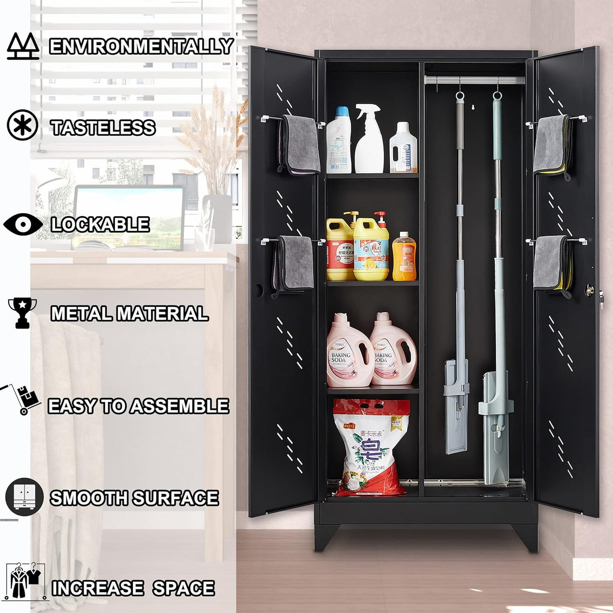 71" Broom Closet Cabinet with Hanging Rod, Tall Black Metal Storage Cabinet for Bathroom, Utility Room, and Garage