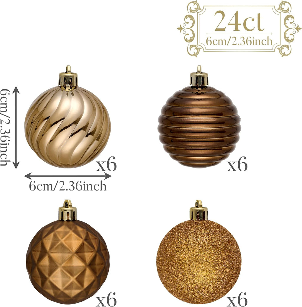 Valery Madelyn Christmas Ornaments Tree Decorations Set for Fall Halloween, 24ct Bronze Copper Brown Gold Shatterproof Ball Ornaments, 2.36" Hanging Ornament Bulk for Xmas Holiday Party Decor