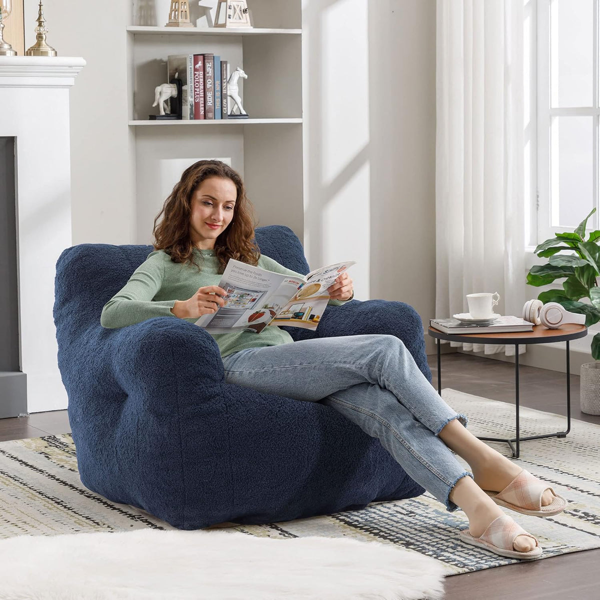 Recaceik Bean Bag Chairs, Tufted Soft Stuffed Bean Bag Chair with Filler, Fluffy Lazy Sofa, Imperial Lounger Giant Bean Bag Chair for Bedroom, Living Room, Blue, Large