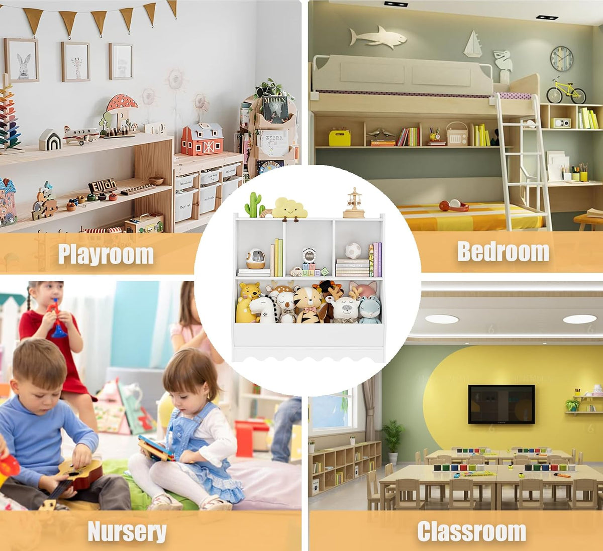 Wood Kid Storage Cubby, Toy Storage Organizer with Bookshelf, 32"L x 15"D x 31"H Montessori Toy Shelf, Nursery Book Shelves, Wooden 4-Cubby Children Book Shelf for Playroom Classroom, White