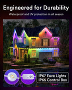 Lumary Permanent Outdoor Lights Pro 158ft for House, 120LED 50lm RGBAICW Smart Eave Lights, IP67 Waterproof, Multi Scenes for Daily and Holiday Accent Lighting Decor, Work with Alexa, Google, Remote