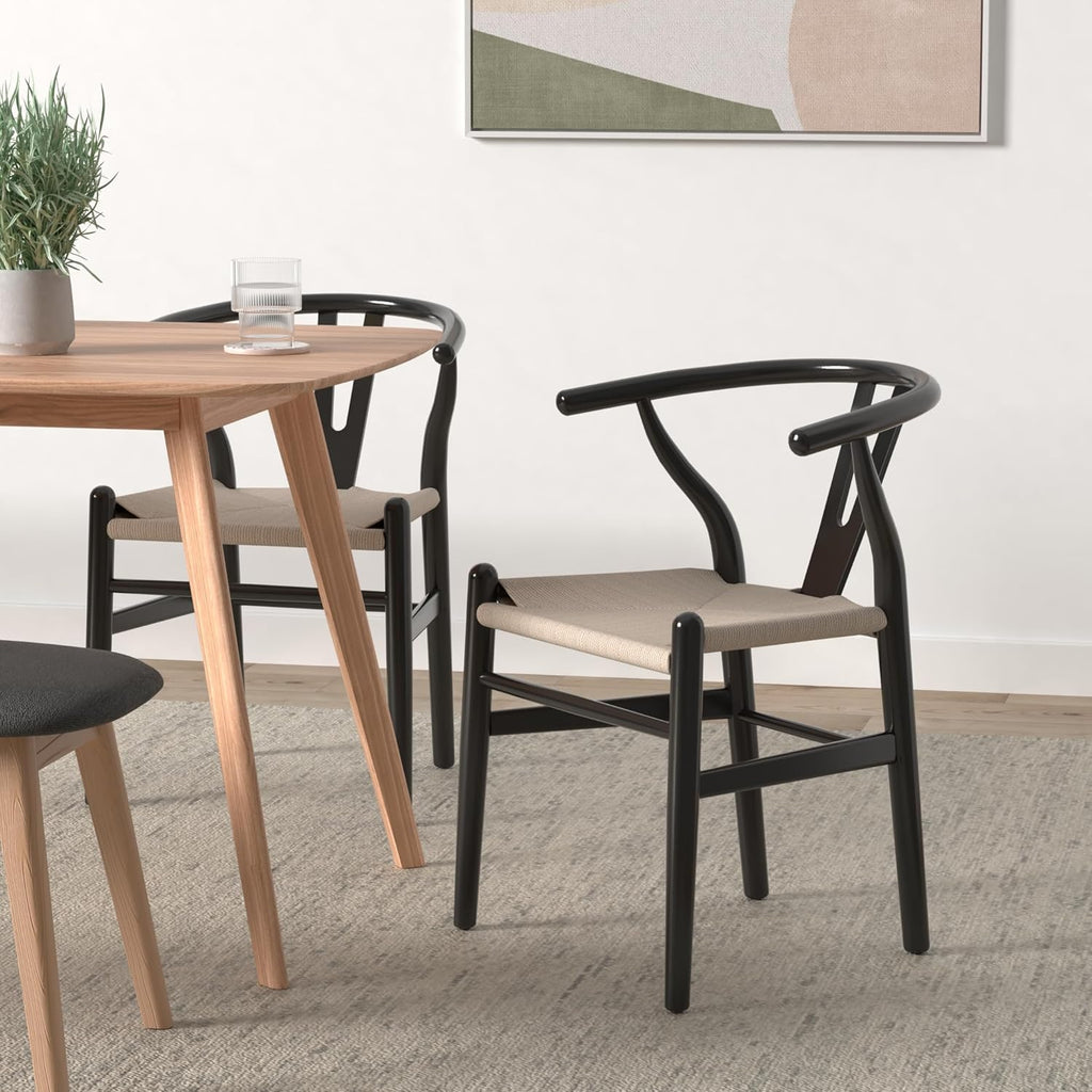 POLY & BARK Weave Dining Chairs – Mid-Century Modern Wishbone Dining Chairs with Arms, Solid Wood Frame, Indoor Use – Black – Set of 2 - Ideal for Dining Room, Kitchen or Stylish Accent Setting