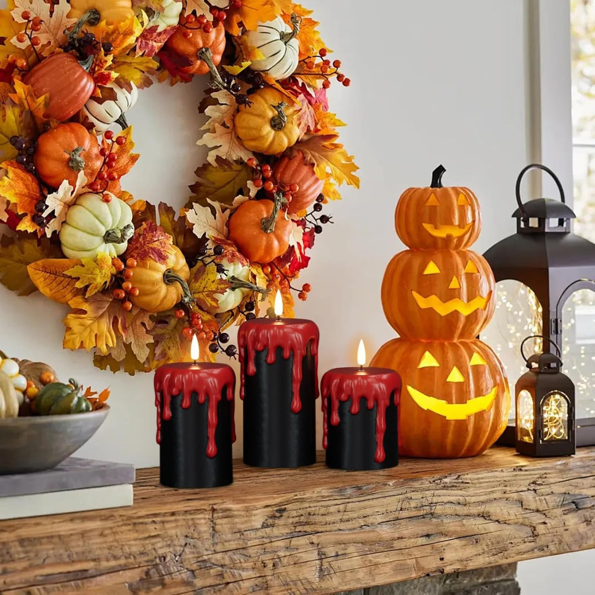Wondise Halloween Flameless Candles with 6H Timer, Battery Operated Dripping Real Wax Black LED Pillar Candles 3D Wick Flickering Spooky Halloween Indoor Decoration (3 Pack, 3 x 4,5,6 Inches)