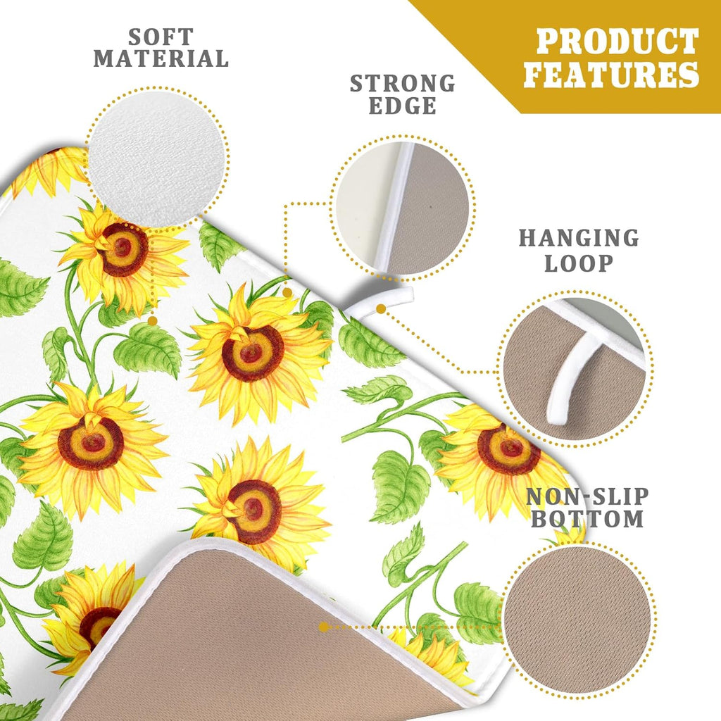 Sunflower Dish Drying Mat for Kitchen Counter Spring Summer FLoral Seasonal Absorbent Reversible Microfiber Kitchen Countertop Protector Dishes Pad Small 16x18 inch