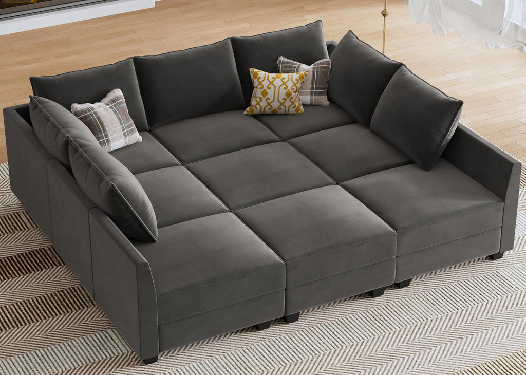 HONBAY Velvet Sectional Sofa Couch with Storage - Modular Sleeper for Living Room, Grey