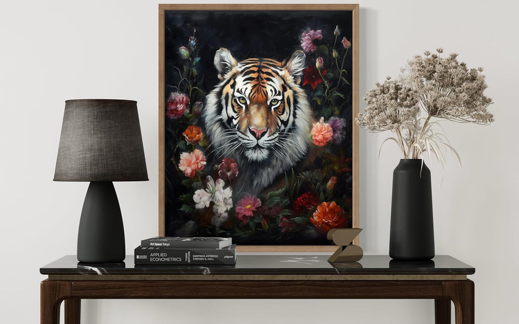 Tiger and Flower Poster Art Print, Halloween Scary Vintage Wall Art Academia Spooky Painting Decoration for Horror Prints, Gothic Posters Bedroom Decor 89 (Tiger and Flower, 16 x 20 inches, Wood Frame)